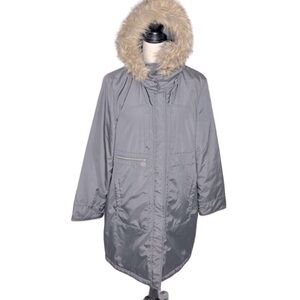 Michael Micheal Kors Gray Puffer Coat Mid Length Waterproof Hood Faux Fur Large